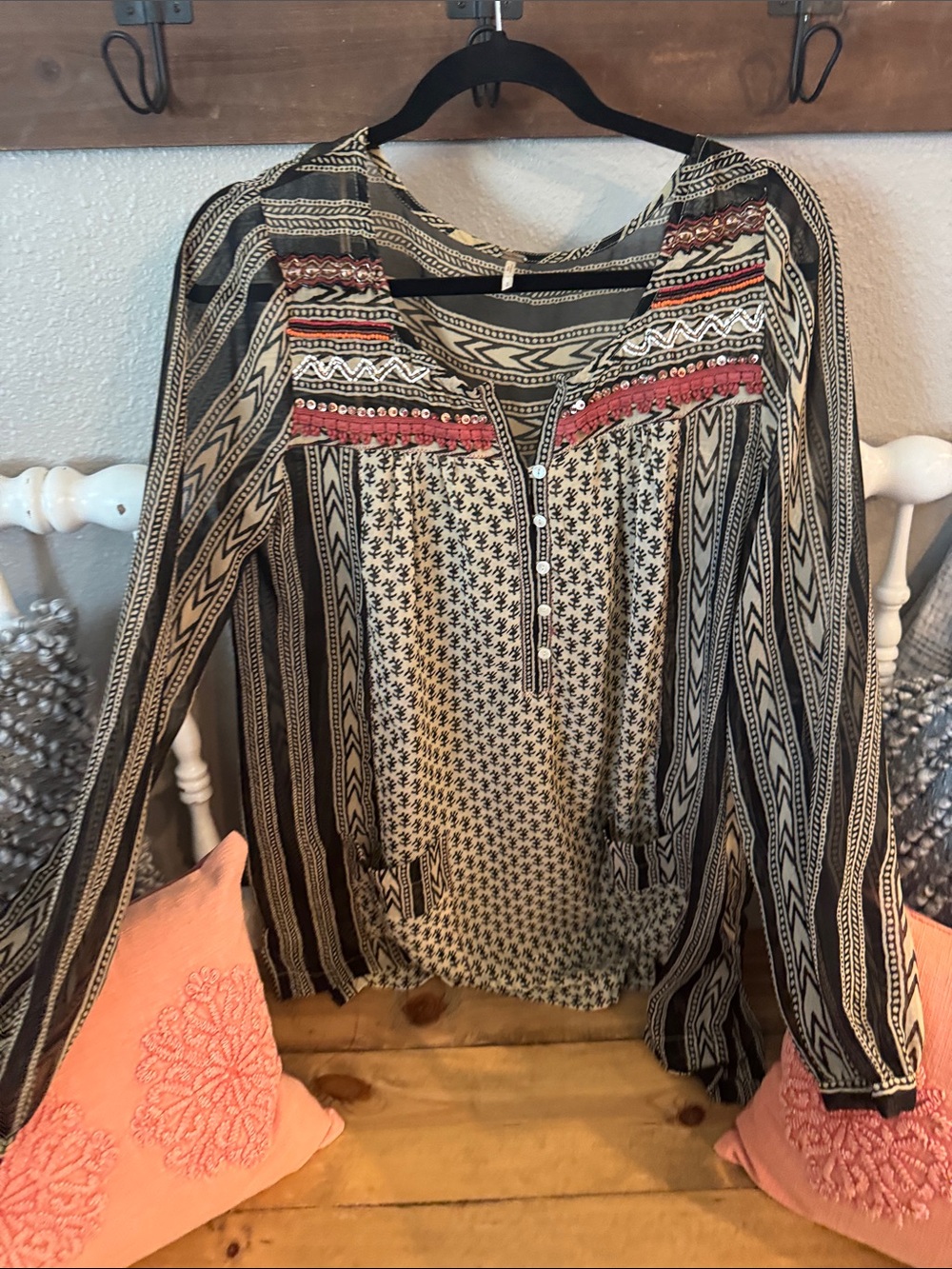 Free People Black & Cream Embroidered Peasant Blouse with Coral Accents